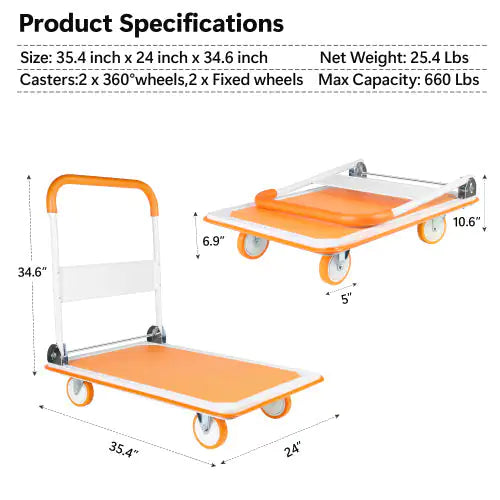 Foldable Cart Cart Cart - 660 Lb Capacity Heavy Duty Mobile Platform Trolley - Folding And Rolling White And Orange Flat Cart Unavailable Platforms- Welfel , Temu